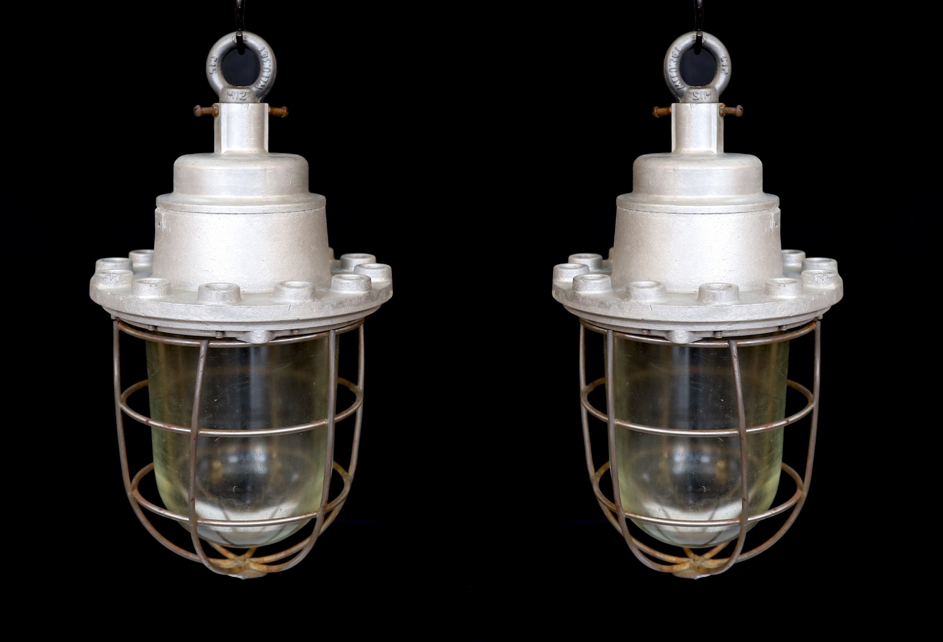 A pair of Russian galvanised iron and glass ships lights with glass liners, height 43cm. width 24cm